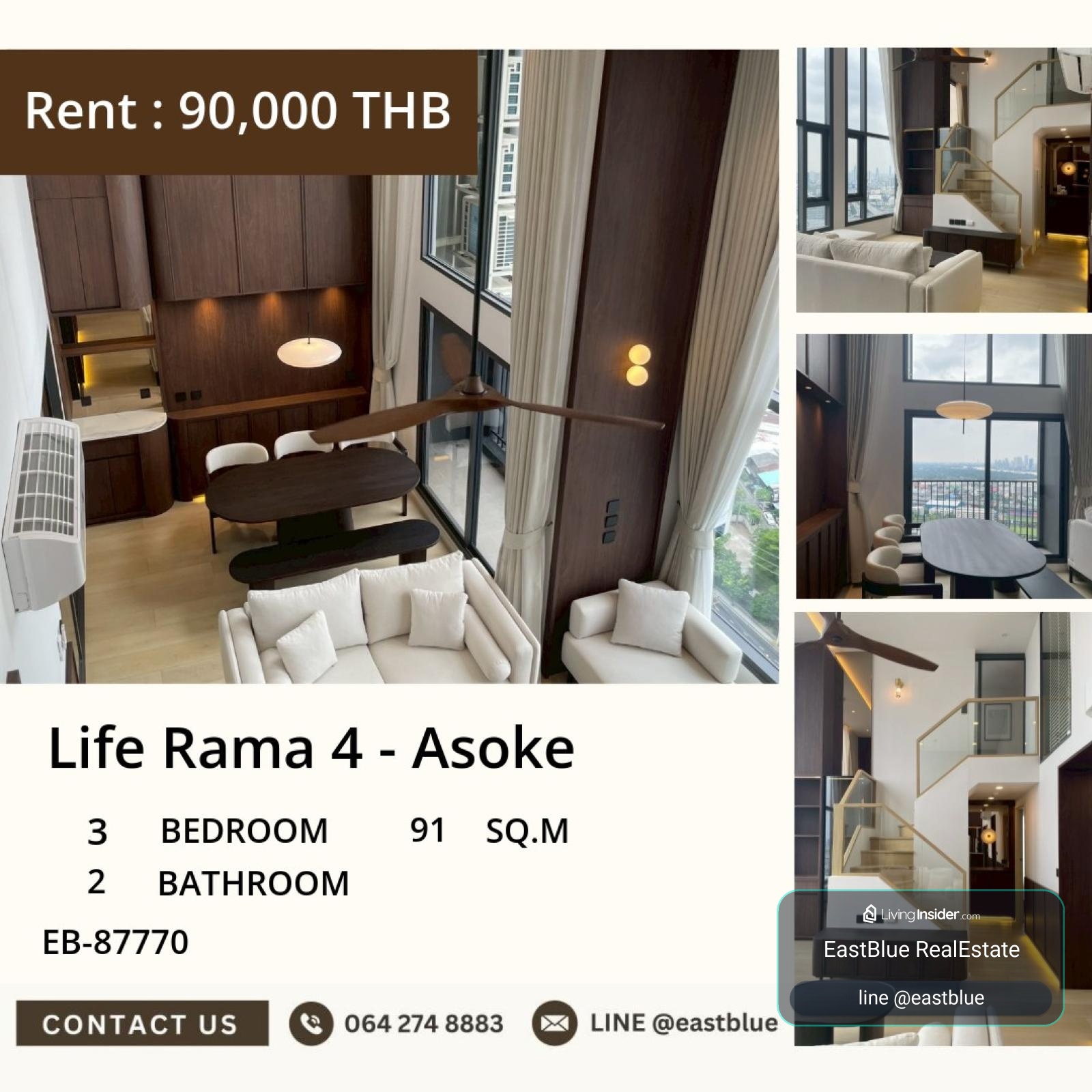 17/07/2026, Life Rama 4 - Asoke 3 Bed Condo 91 sqm พร้อมอยู่! ใกล้ BTS/MRT, สระว่ายน้ำ+ฟิตเนสครบ สุดคุ้มเพียง 90,000 บาท/เดือน 0642748883 – รูปที่ 2