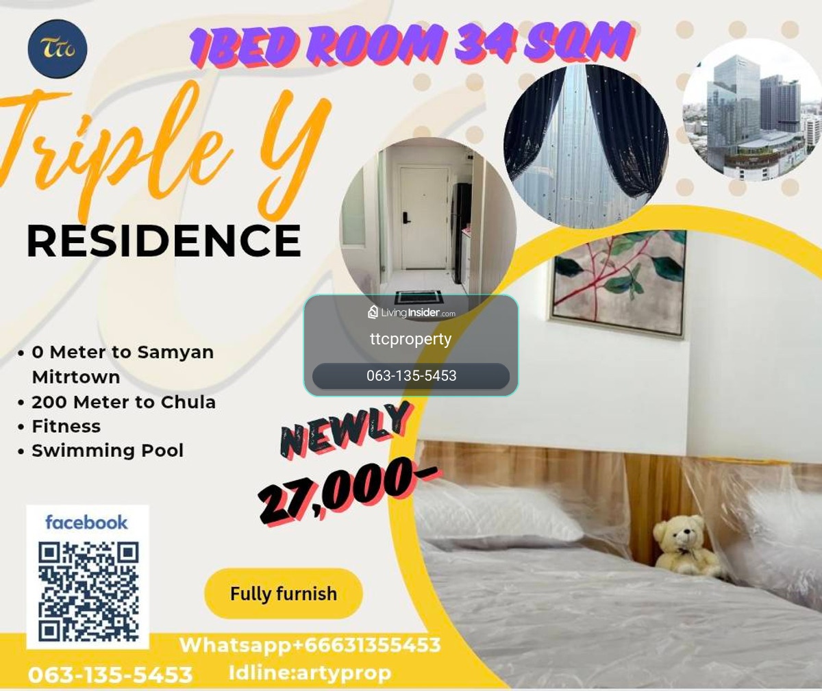 Best Price 🌟 Triple Y Residence 1bed 34 Sqm Fullyfurnish , Welcome Nisit Chula 27,000- – รูปที่ 2